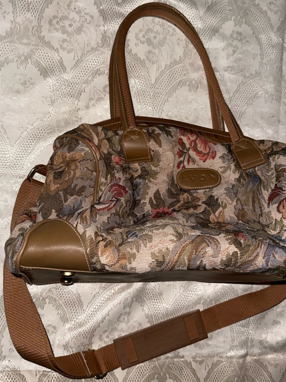 Avon Brown Floral duffle bag with Tan Trim